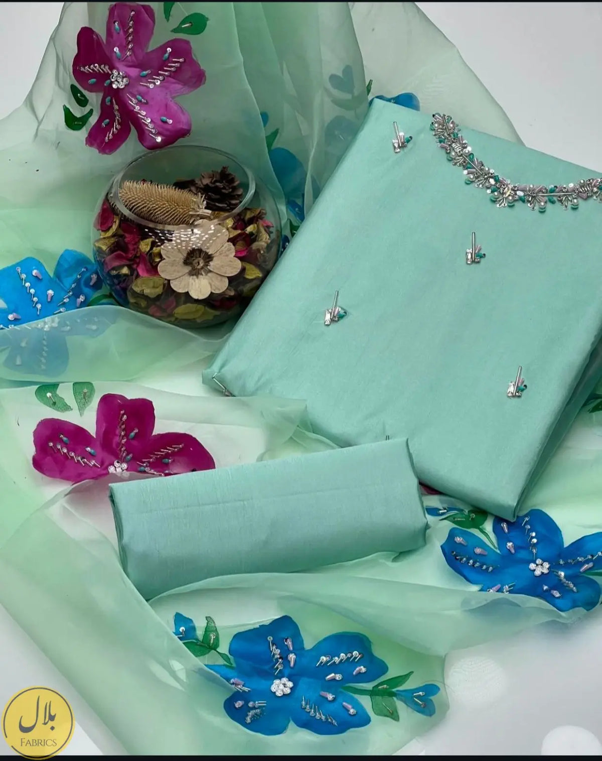 🥰 Indian Organza HandMade Paint Brush with Mirror Work Hit Heavy Dupatta Full Heavy 13 Bunches Dupatta with zari work - Bilal Fabrics